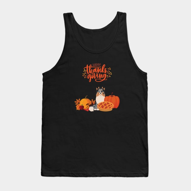 Cute Sheltie with Orange Happy Thanksgiving Sign and Holiday Pie and Pumpkin Tank Top by Seasonal Dogs